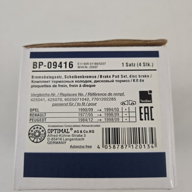 OPTIMAL BP-09416 Brake pad set suitable for PEUGEOT 205, 309